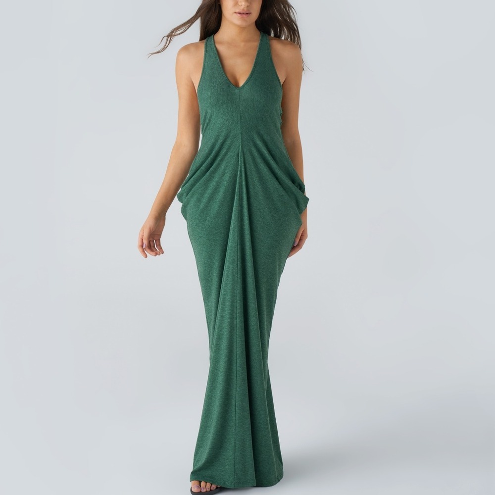 Halara Deep V Neck Backless Racerback Maxi Dress Green XL Ruched Casual